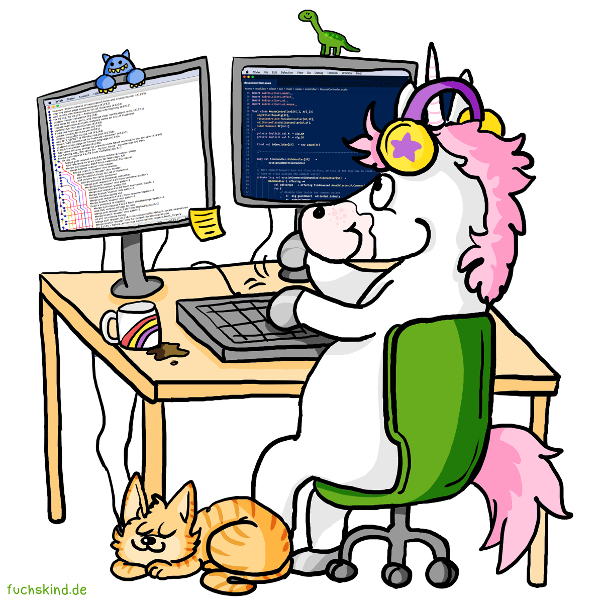 Bunte Zeichnung eines Einhorns, das mit Kopfhörern vor einem Computer sitzt und programmiert